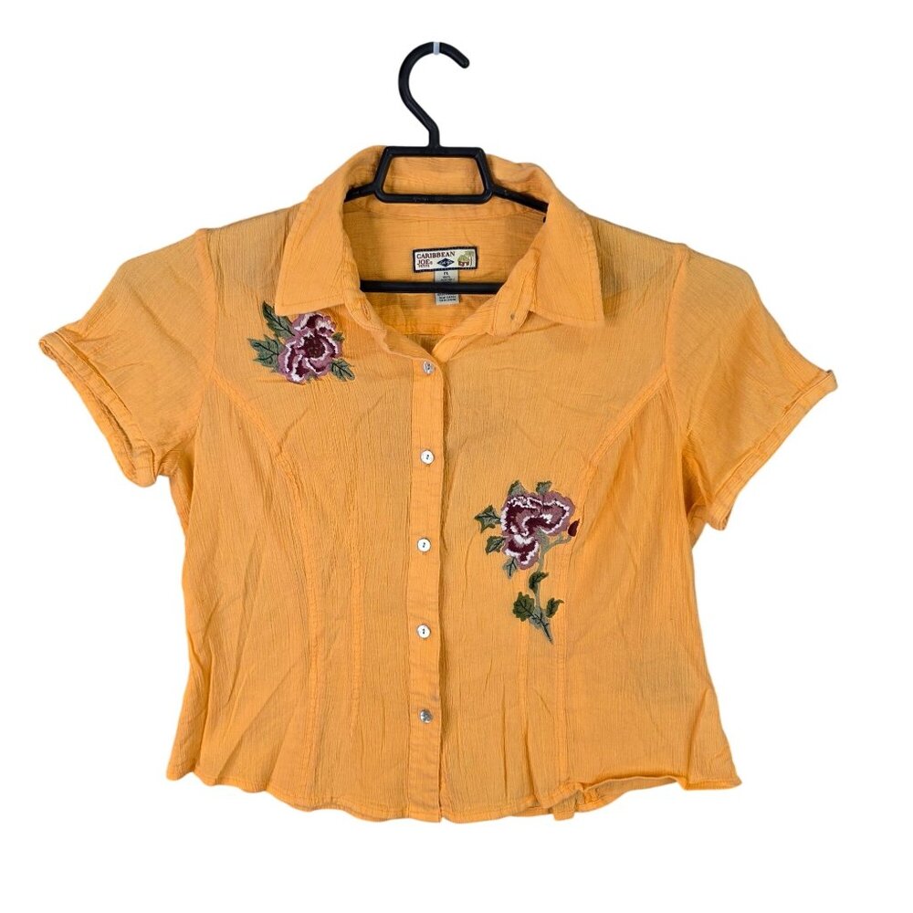Womens Caribbean Joe Petite Orange Shirt Button Up Embroidered Floral Size PL